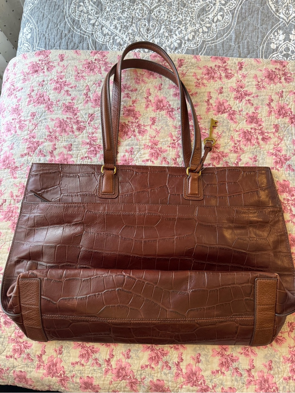 Fossil Brown Croc-Embossed Leather Tote - Picture 2 of 7